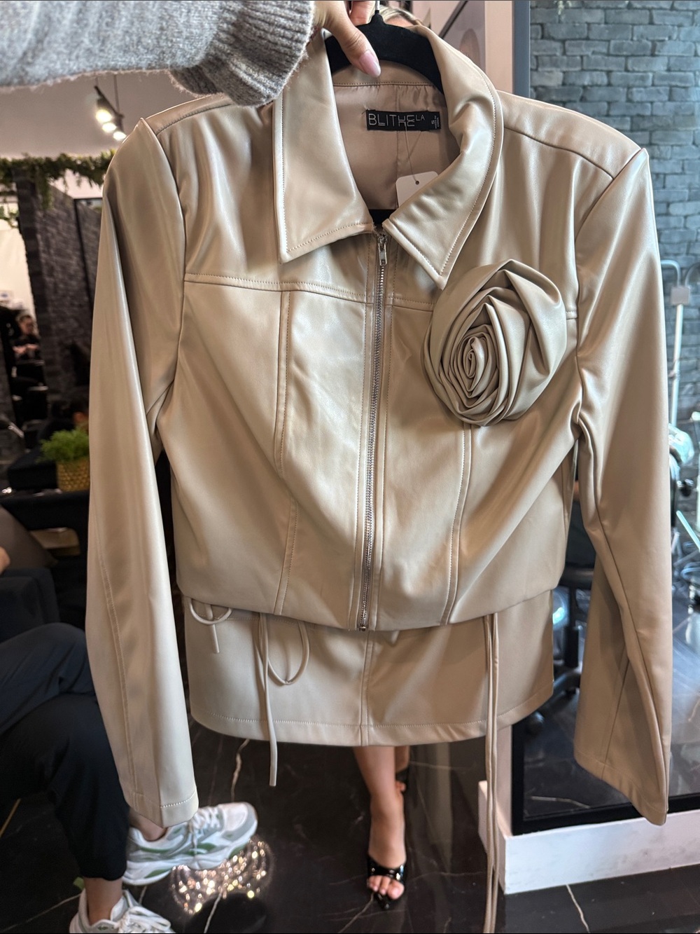Beige Faux Leather Zip Jacket and skirt with Rosette